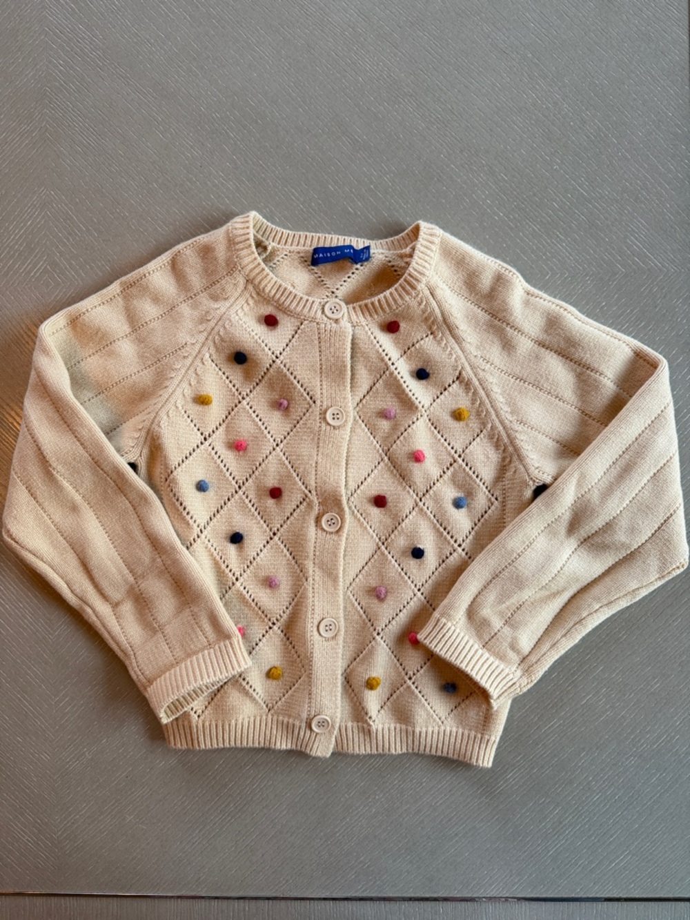 Blue Label Cream Knit Cardigan with Pom Pom Dots